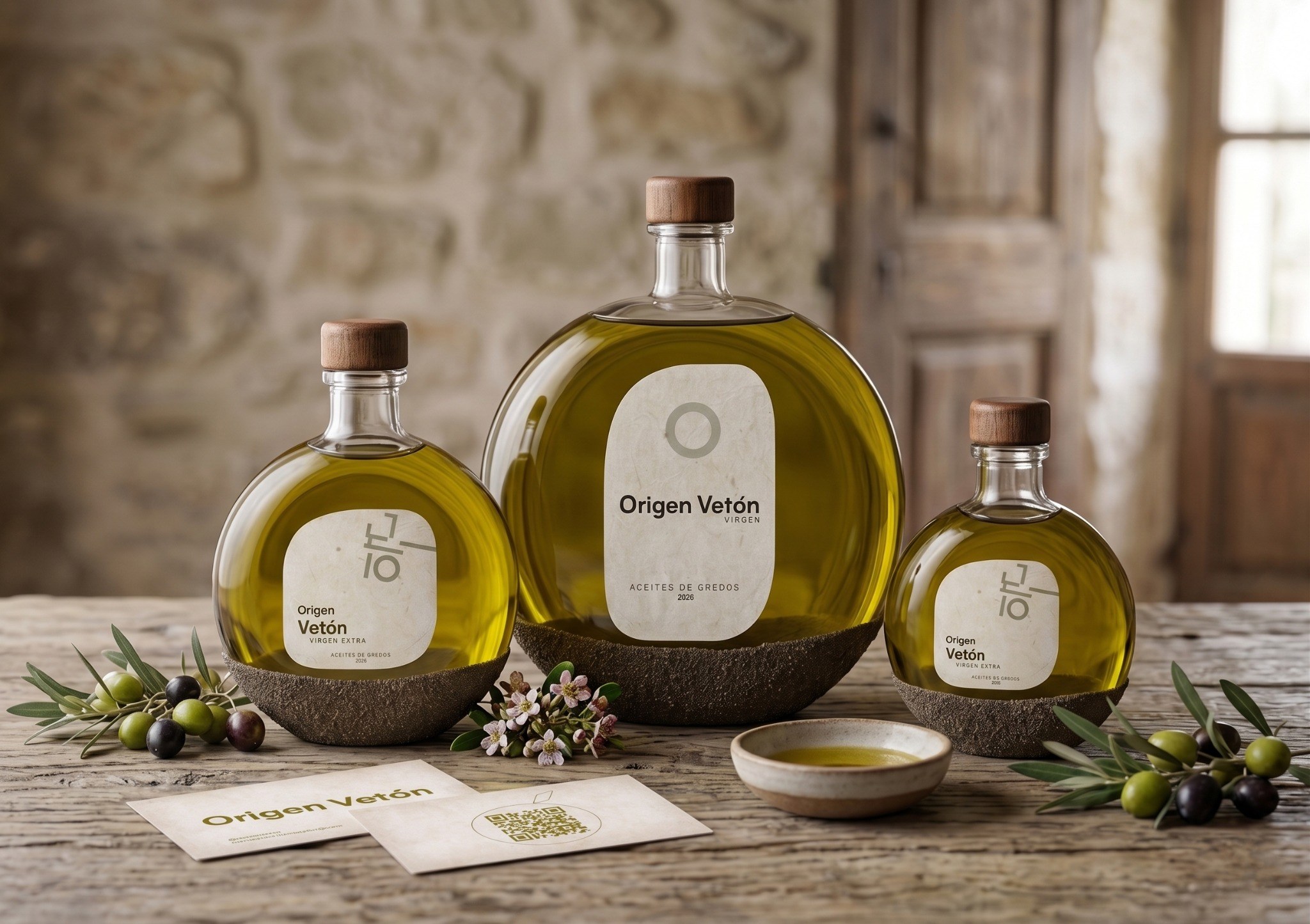 Bodegón rústico de Origen Vetón con botellas, aceitunas, flores y tarjeta